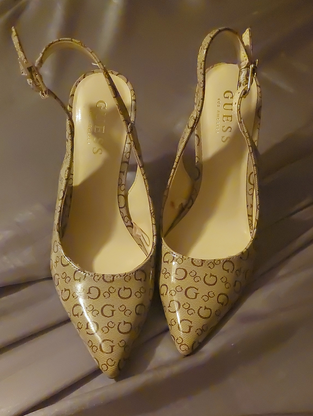 GUESS Beige Logo Slingback Pointed-Toe Heels with Gold Accents